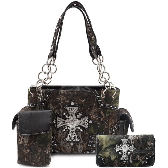 Camouflage Cross Western Style Studded Handbag Concealed Carry Purse Country :) - Picture 1 of 7